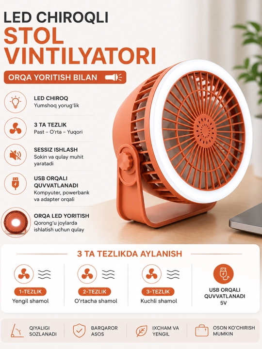 Настольный вентилятор с LED-подсветкой, питание USB, 3 скорости, задний LED-фонарь - 