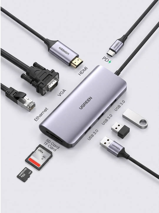 USB-C док-станция Ugreen 9в1, USB-A, HDMI, VGA, SD, LAN. Усб хаб концентратор - 