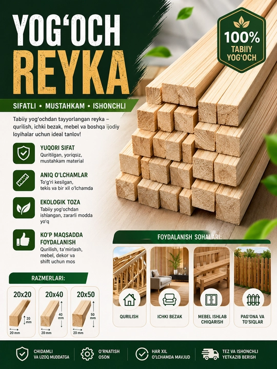 Yog'och Reyka (20×20, 20×40, 20×50 mm) – Sifatli quritilgan tabiiy yog'och - 