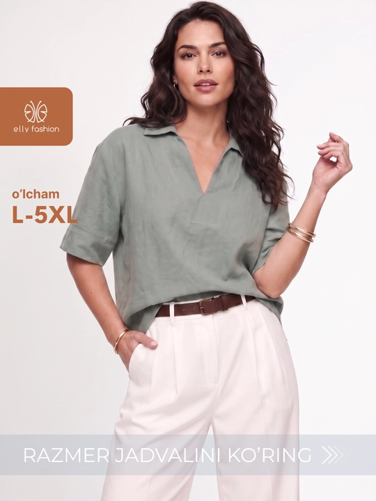 Katta o‘lchamdagi V-kesimli ayollar bluzkasi, L–5XL