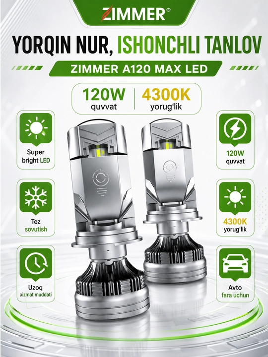 Zimmer A120 MAX LED chiroq 120W 4300K 12-24V avto faralar uchun kuchli yorug‘lik 2 dona HD