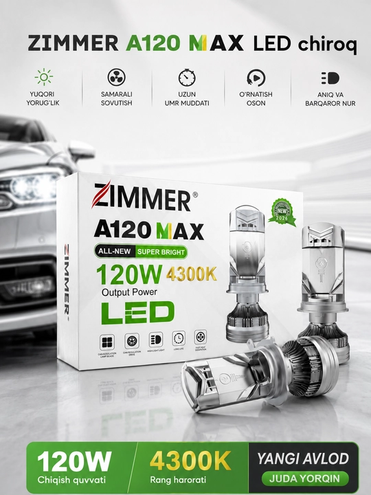 Zimmer A120 MAX LED chiroq 120W 4300K 12-24V avto faralar uchun kuchli yorug‘lik 2 dona HD - 