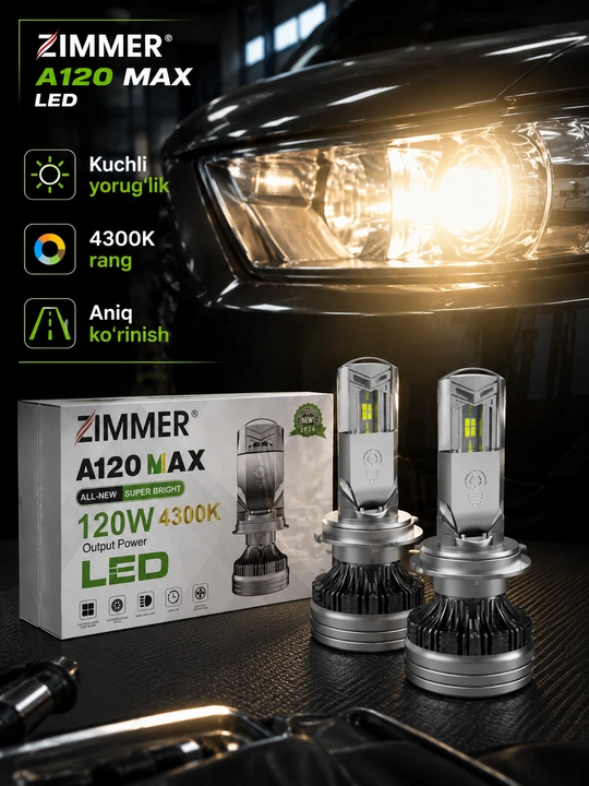 Zimmer A120 MAX LED chiroq 120W 4300K 12-24V avto faralar uchun kuchli yorug‘lik 2 dona HD