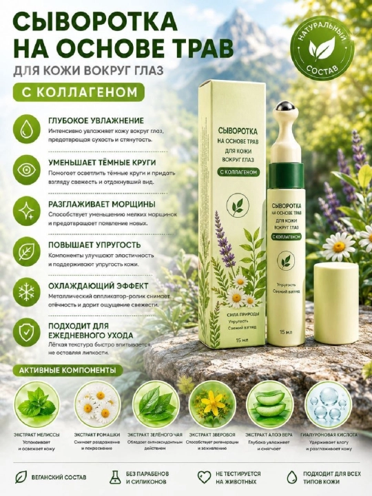 Ajinlar va qora doiralar uchun Vegan kollagen ko'z zardobi, 15 ml - 