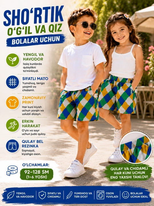 Bolalar shortigi, o‘g‘il bolalar uchun, qiz bolalar uchun, yozgi - 