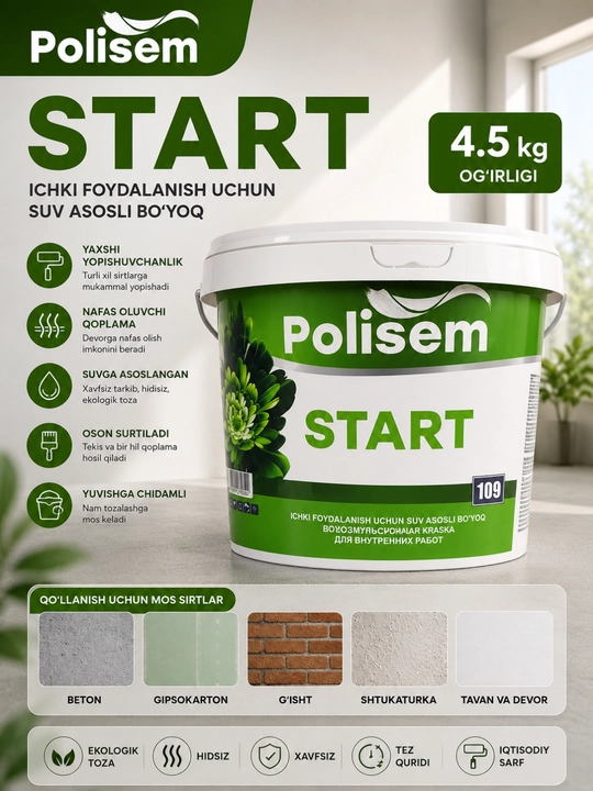 Polisem START 4,5 kg ichki devor bo'yog'i, suv asosli akril bo'yoq - 