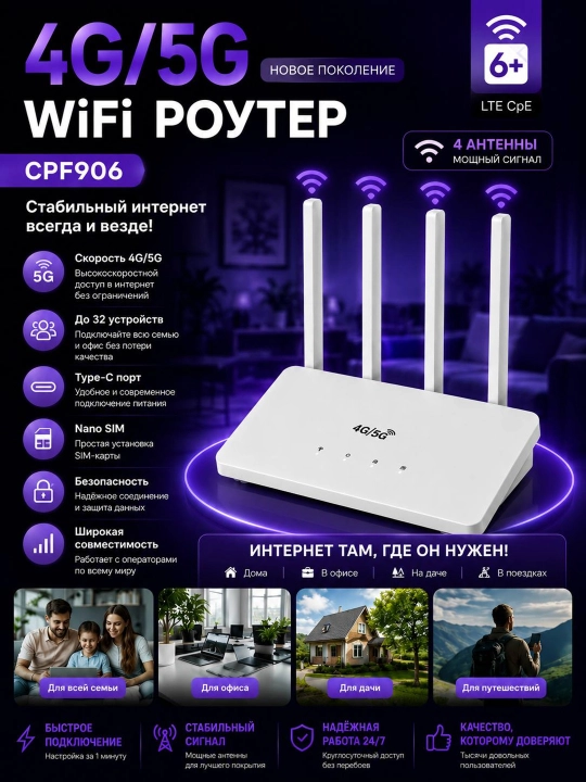 4G/5G LTE Wi-Fi Роутер (CPE) – Nano SIM, Wi-Fi 6+, до 32 устройств