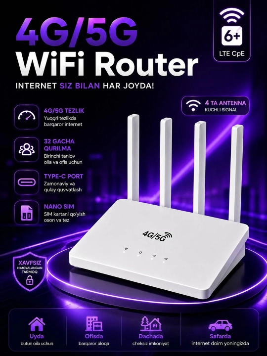 4G/5G LTE Wi-Fi Router (CPE) – Nano SIM, Wi-Fi 6+, 32 tagacha qurilma - 