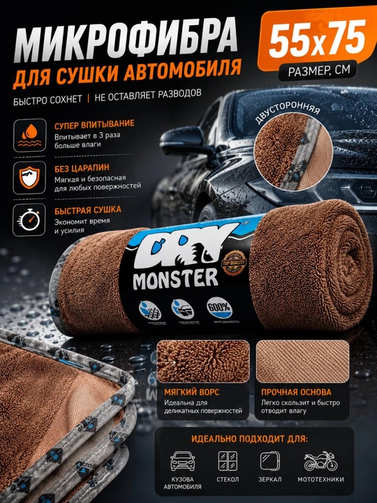 MONSTER mikrofiber sochiq, avtomobil uchun tozalovchi latta, moshina quritish matosi - 