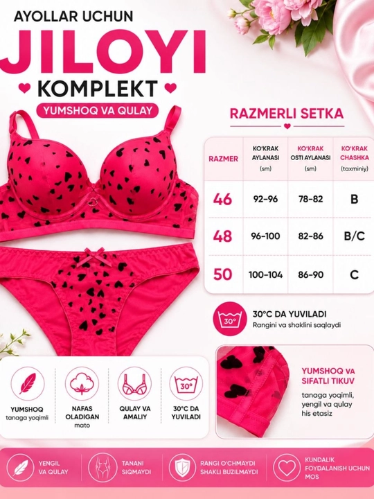 Ayollar ichki kiyimi to‘plami, pushti siynaband va yurakchali trusiklar