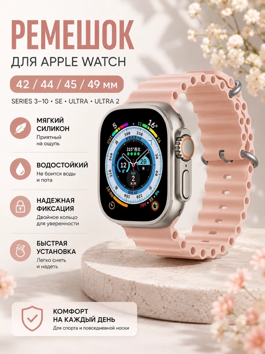 Ремешок силиконовый для Apple Watch 42, 44, 45, 49 мм Ultra, SE, Series 3–10 - 