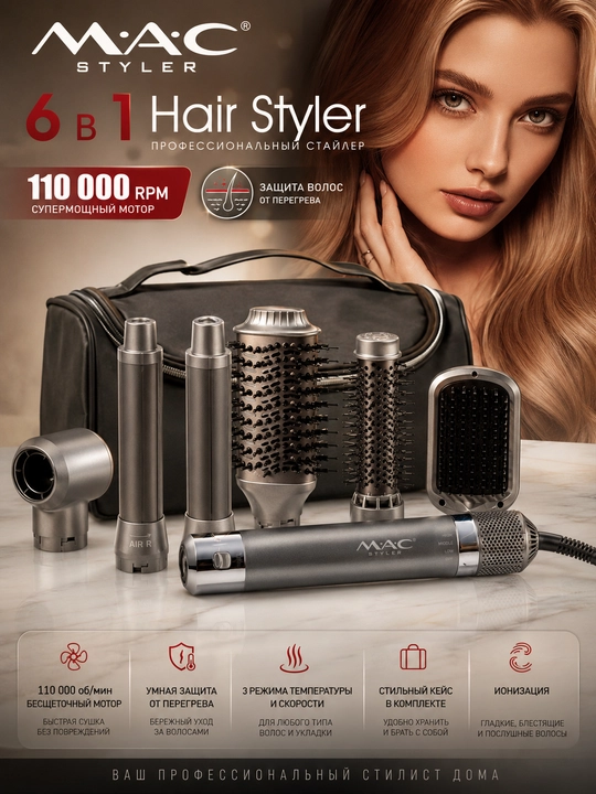 Фен-стайлер 7 в 1, Coanda, фен-щетка, стайлер для волос, локоны, MAC Styler, 110000 RPM - 