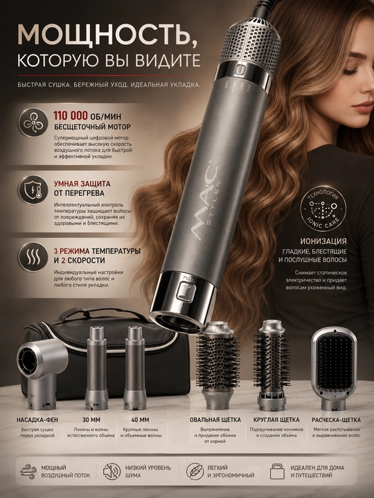 Фен-стайлер 7 в 1, Coanda, фен-щетка, стайлер для волос, локоны, MAC Styler, 110000 RPM