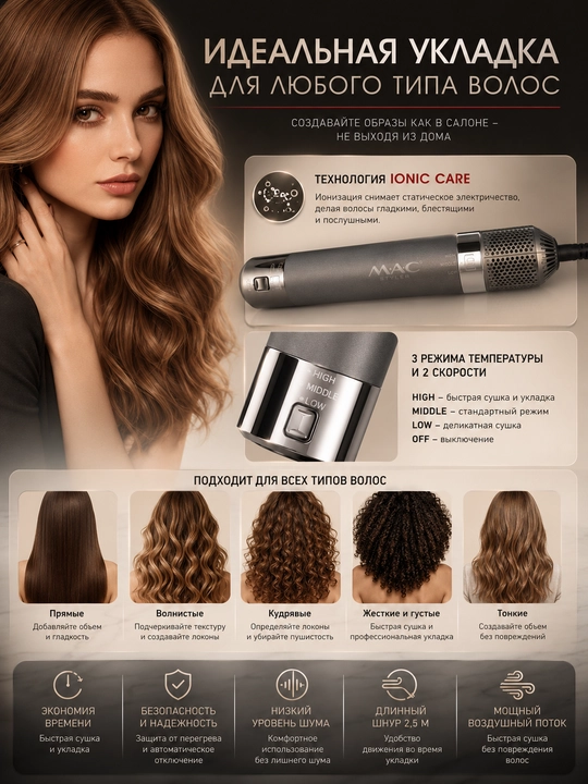 Фен-стайлер 7 в 1, Coanda, фен-щетка, стайлер для волос, локоны, MAC Styler, 110000 RPM