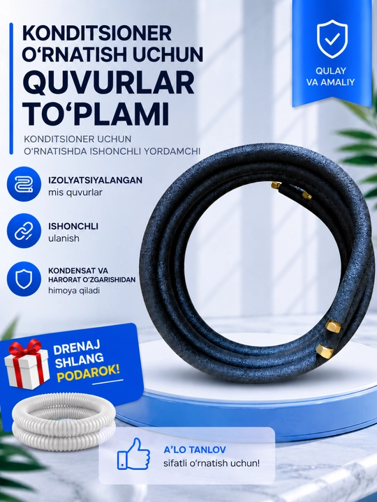 Konditsioner uchun izolyatsiyali mis trubka komplekti, o‘rnatish uchun ulanish to‘plami