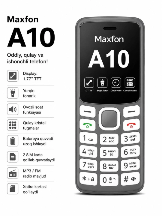 Maxfon A10 smartfoni 4/64GB, 5000 mA/soat, ikkita SIM-karta, Android, katta ekran - 