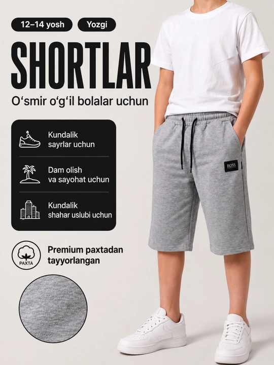O`smirlar uchun keng bichimli sport shortigi – paxtali qulay kundalik va sport uchun ideal