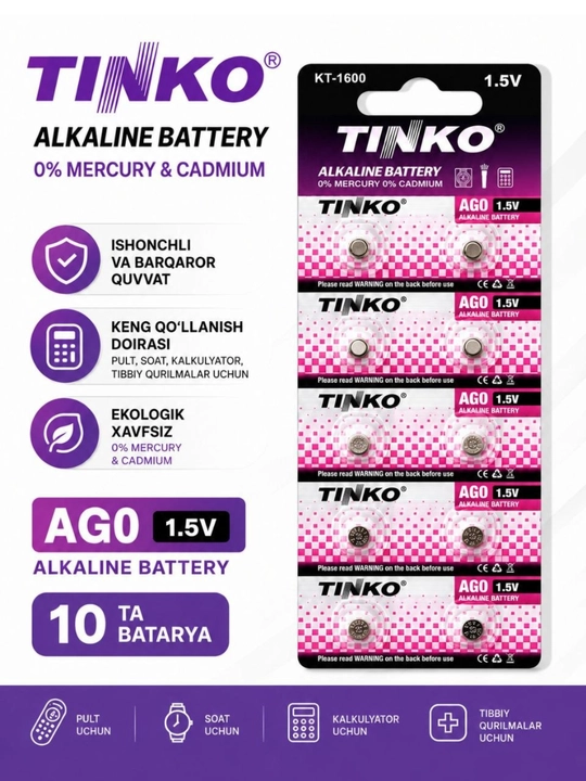 Tugmali batareya Tinko AG0, LR521, 179, 1.5 v, 10 dona - 