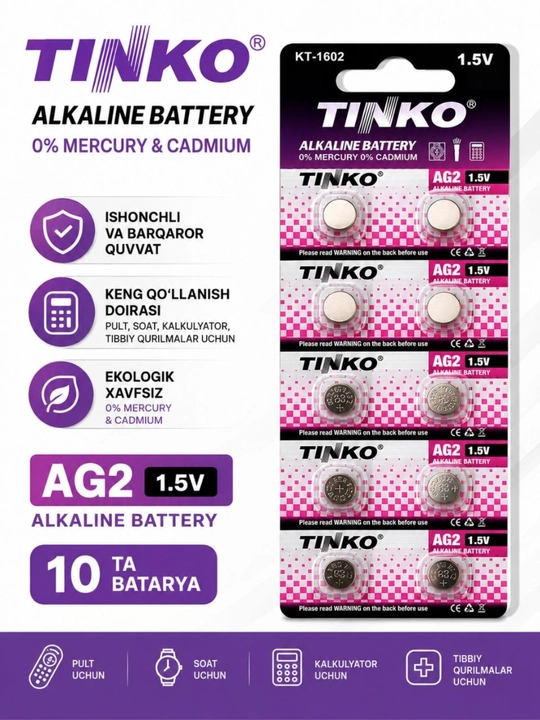 Tugmali batareya Tinko AG2, LR726, 197, 1.5 v, 10 dona - 