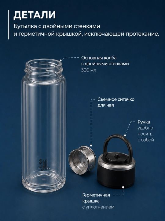 Бутылка для заваривания чая, термокружка заварник с двойным стеклом и ситечком