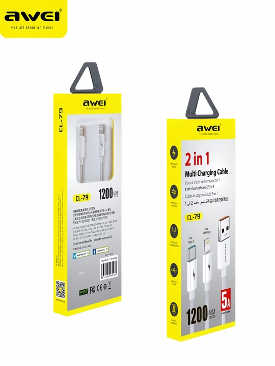 Awei CL-79 5A tezkor zaryadlash uchun USB Type-C+lightning kabeli 30sm, Android IOS uchun