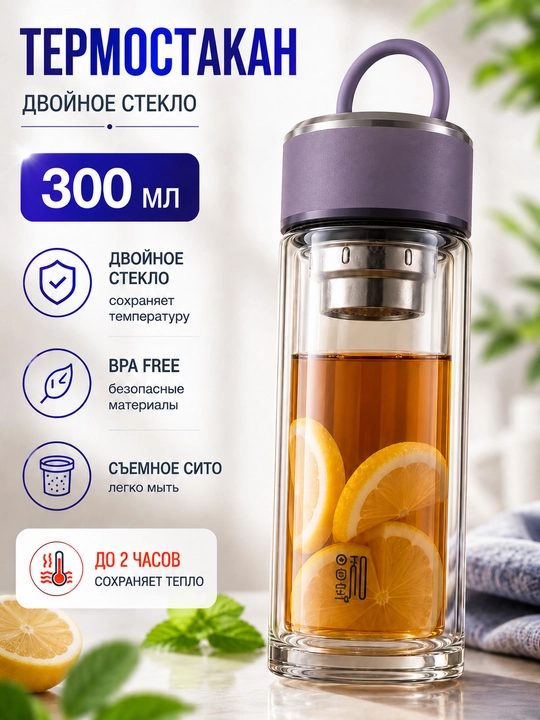 Choy damlash uchun butilka, termokrujka qo‘sh shishali va to‘rli choy damlagich - 