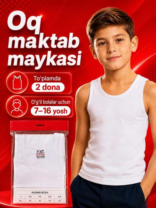 Mayka og`il bolalar uchun, oq maktab maykasi, 2 dona, 7–16 yosh