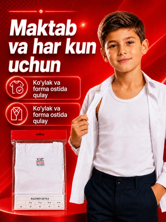 Mayka og`il bolalar uchun, oq maktab maykasi, 2 dona, 7–16 yosh