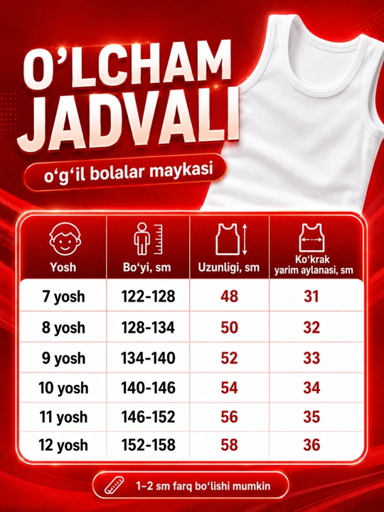 Mayka og`il bolalar uchun, oq maktab maykasi, 2 dona, 7–16 yosh