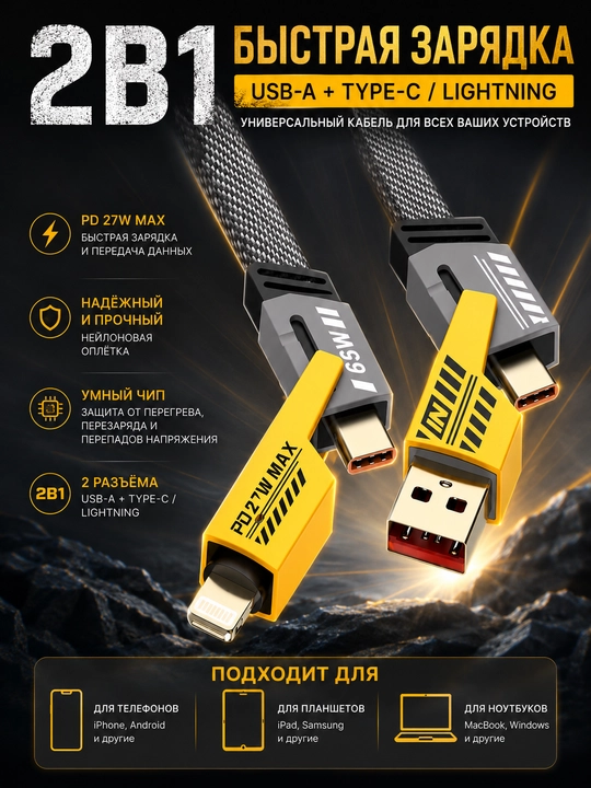 USB transformator kabeli: Type-C, Lightning - USB-A, Type-C - 