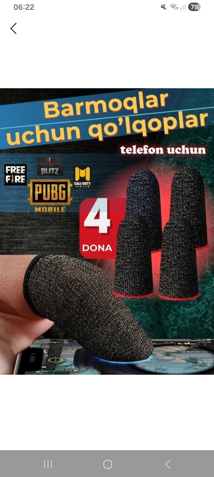 PUBG uchun sensorli barmoq qo‘lqopi, mobil geymerlar uchun, terlamaydigan