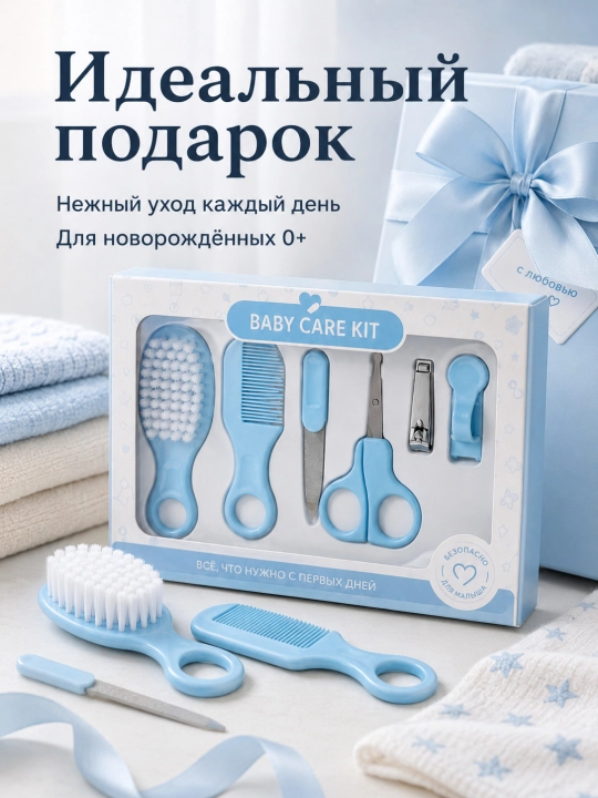 Набор для ухода за новорожденным 6 предметов, щетка, расческа, ножницы, кусачки