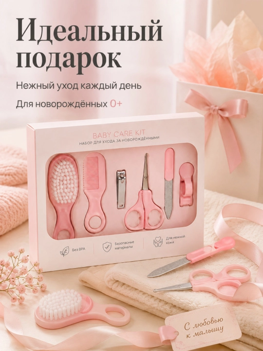 Набор для ухода за новорожденным 6 предметов, щетка, расческа, ножницы, кусачки