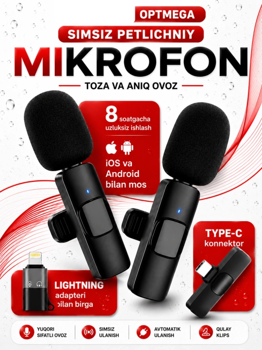 Mikrofon, telefon uchun, simsiz, iPhone va Android uchun lavali, 2 dona bloger - 