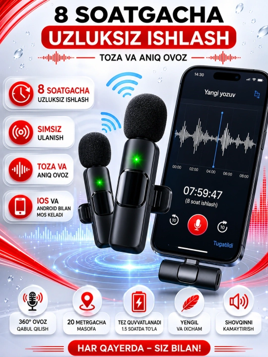 Микрофон петличка, для телефона, беспроводной, петличка для iPhone и Android, 2 шт блогер