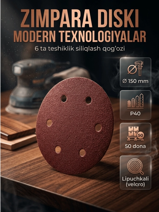 Aylana yopishqoq (zimpara) 6ta teshiklik silliqlash 150∅diski - 