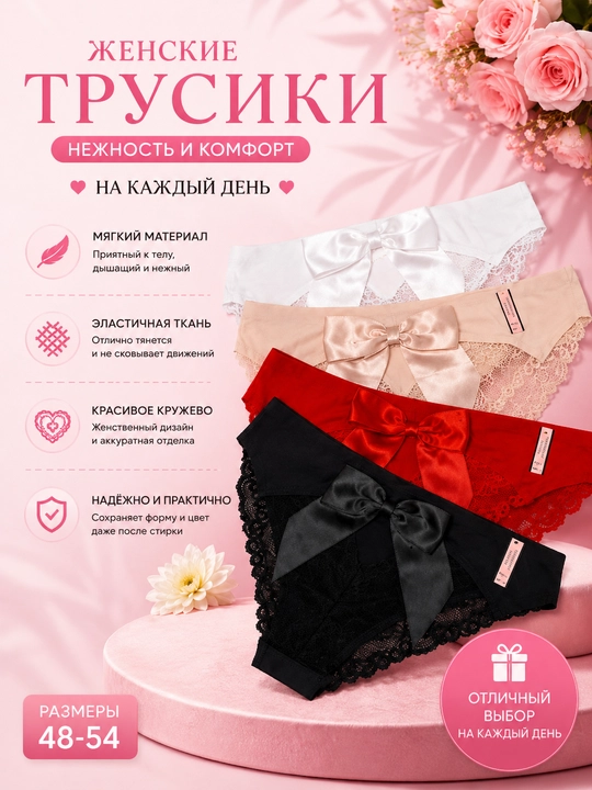 Fransuz gipyuridan tikilmagan nafis ayollar trusiklari, bantli, 42-52 o‘lchamlarda