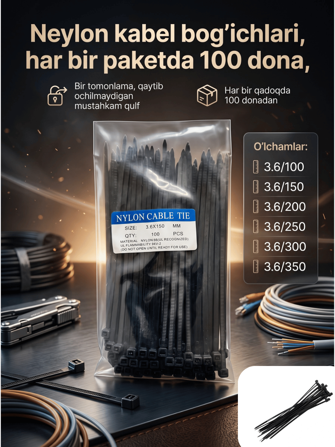 Neylon kabel bog'ichlari har bir paketda 100 dona - 