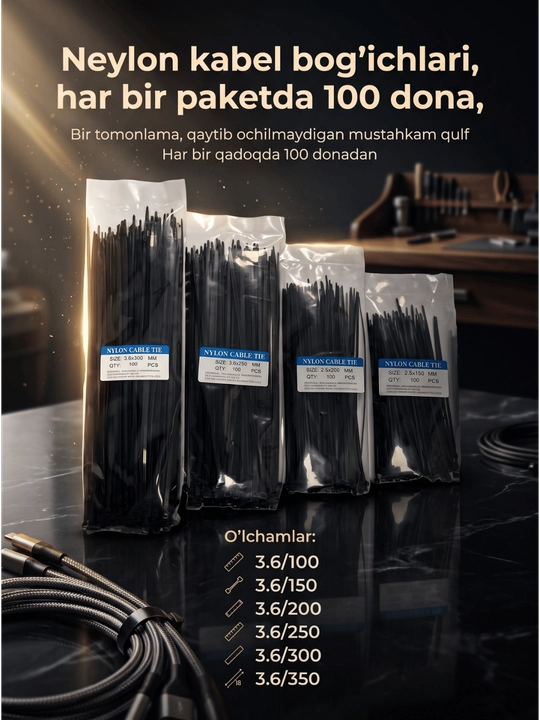 Neylon kabel bog'ichlari har bir paketda 100 dona
