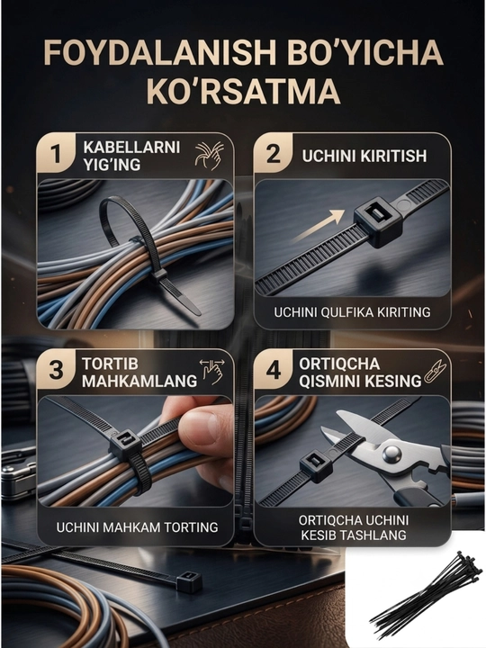Neylon kabel bog'ichlari har bir paketda 100 dona