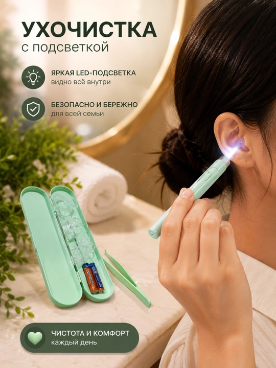 LED chiroq va silikon uchliklarga ega quloq tozalash to‘plami