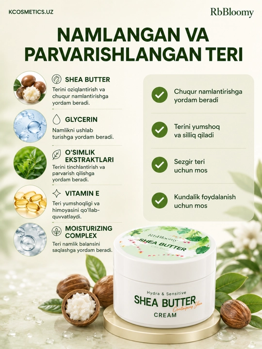 Shea yog‘i bilan namlantiruvchi yuz kremi, asosiy krem, koreys kosmetikasi, rbBloomy, 100 ml