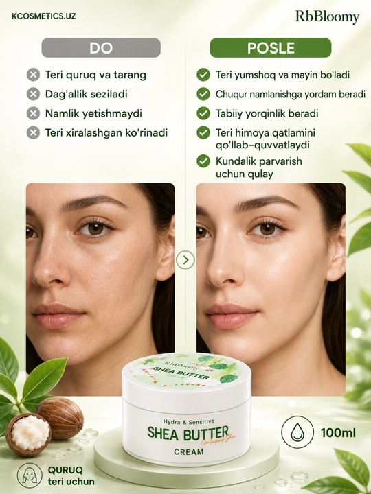 Shea yog‘i bilan namlantiruvchi yuz kremi, asosiy krem, koreys kosmetikasi, rbBloomy, 100 ml