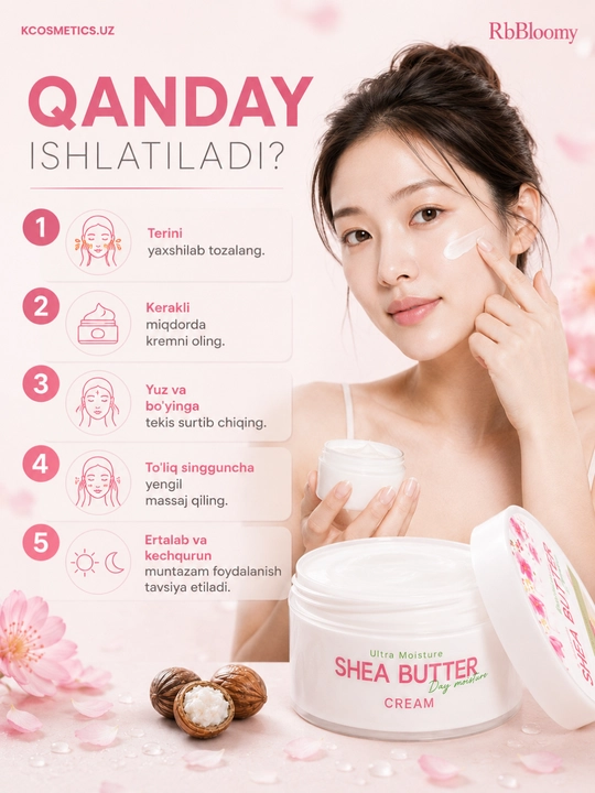 Shea yog‘i bilan namlantiruvchi yuz kremi, asosiy krem, koreys kosmetikasi, rbBloomy, 100 ml
