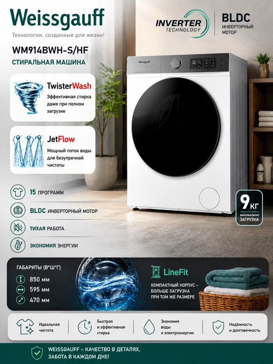 Стиральная машина WM914BWH-S/HF, 9 кг, BLDC Inverter, 16 программ, JetFlow, белая - 