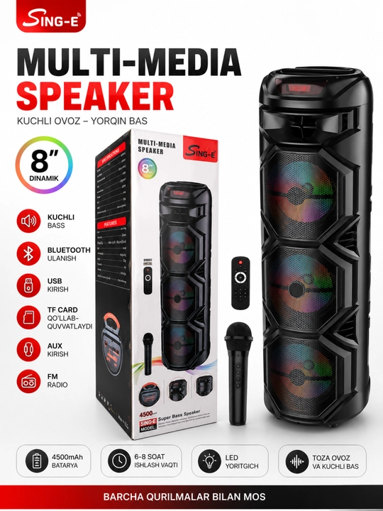 SING-E Портативная Bluetooth колонка 8", караоке с микрофоном и пультом - 