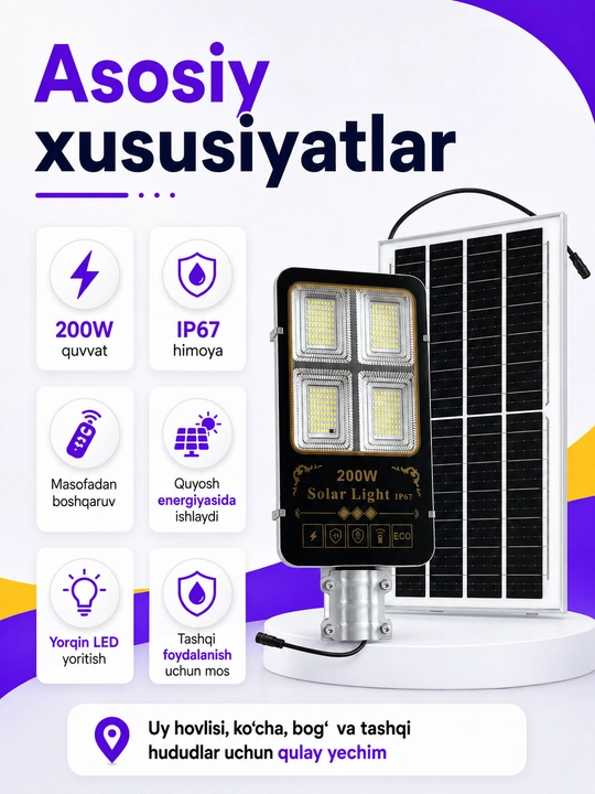 Quyosh panelli ko‘cha LED chirog‘i 200W, pultli, IP67 himoya