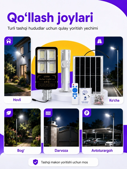 Quyosh panelli ko‘cha LED chirog‘i 200W, pultli, IP67 himoya