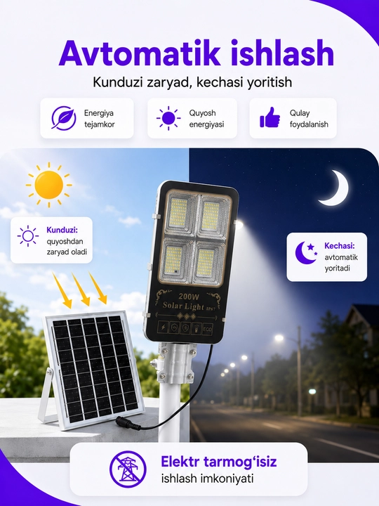 Quyosh panelli ko‘cha LED chirog‘i 200W, pultli, IP67 himoya