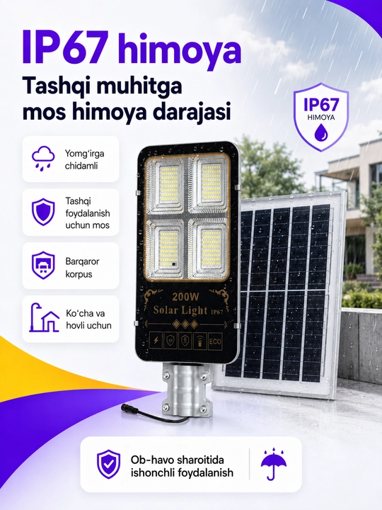 Quyosh panelli ko‘cha LED chirog‘i 200W, pultli, IP67 himoya